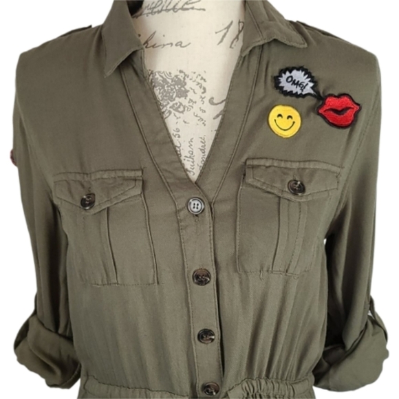 Army Olive Green Patched Shirt Dress - Picture 2 of 6